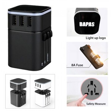 Travel Adapter with 3 USB Port and Light Logo (with safety feature)